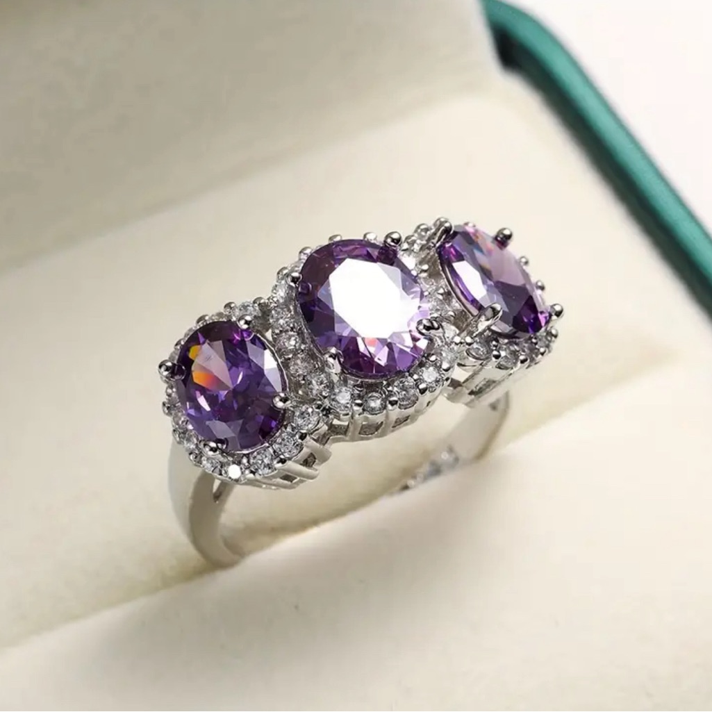 Luxurious Simulated Amethyst Triple Stone Ring